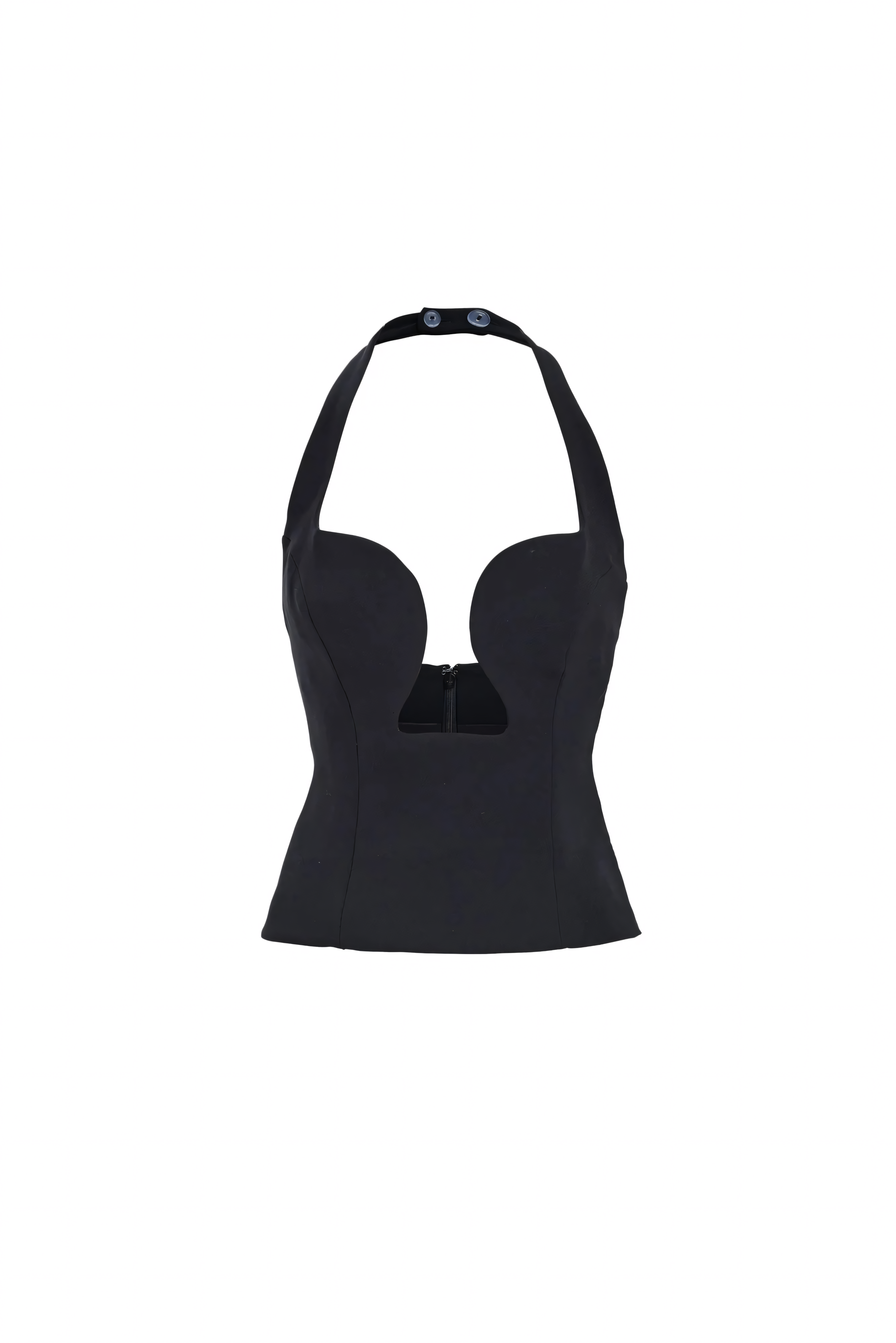 Black structured bustier top with molded cups, halter straps, and snap neck closure flat lay