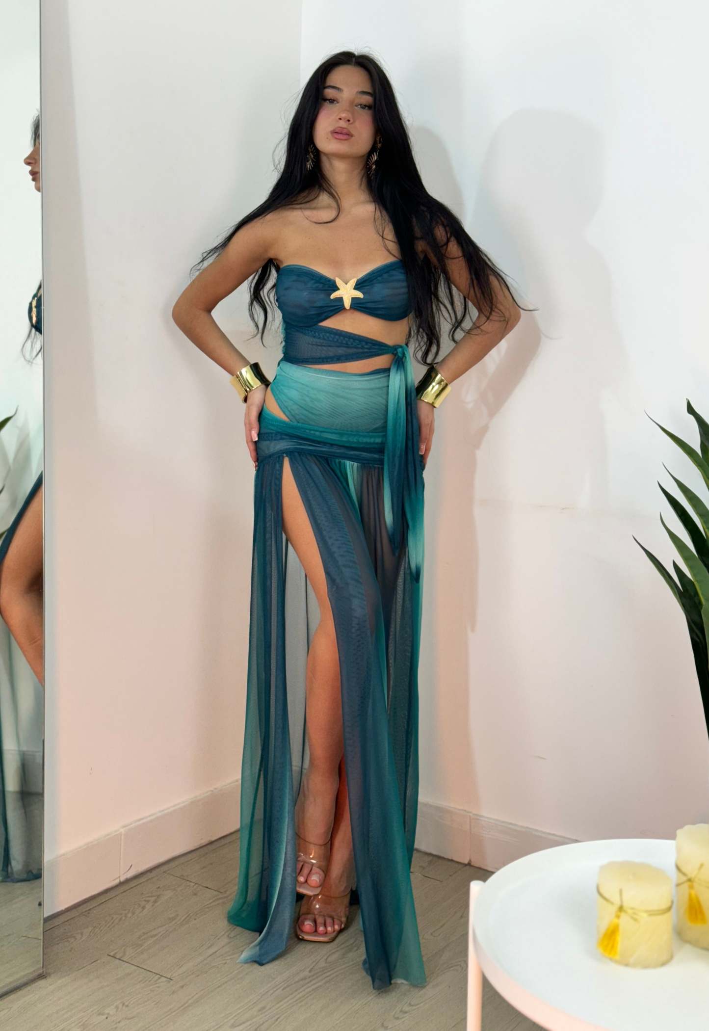 Teal mesh maxi dress with high slit and gold hardware detail
