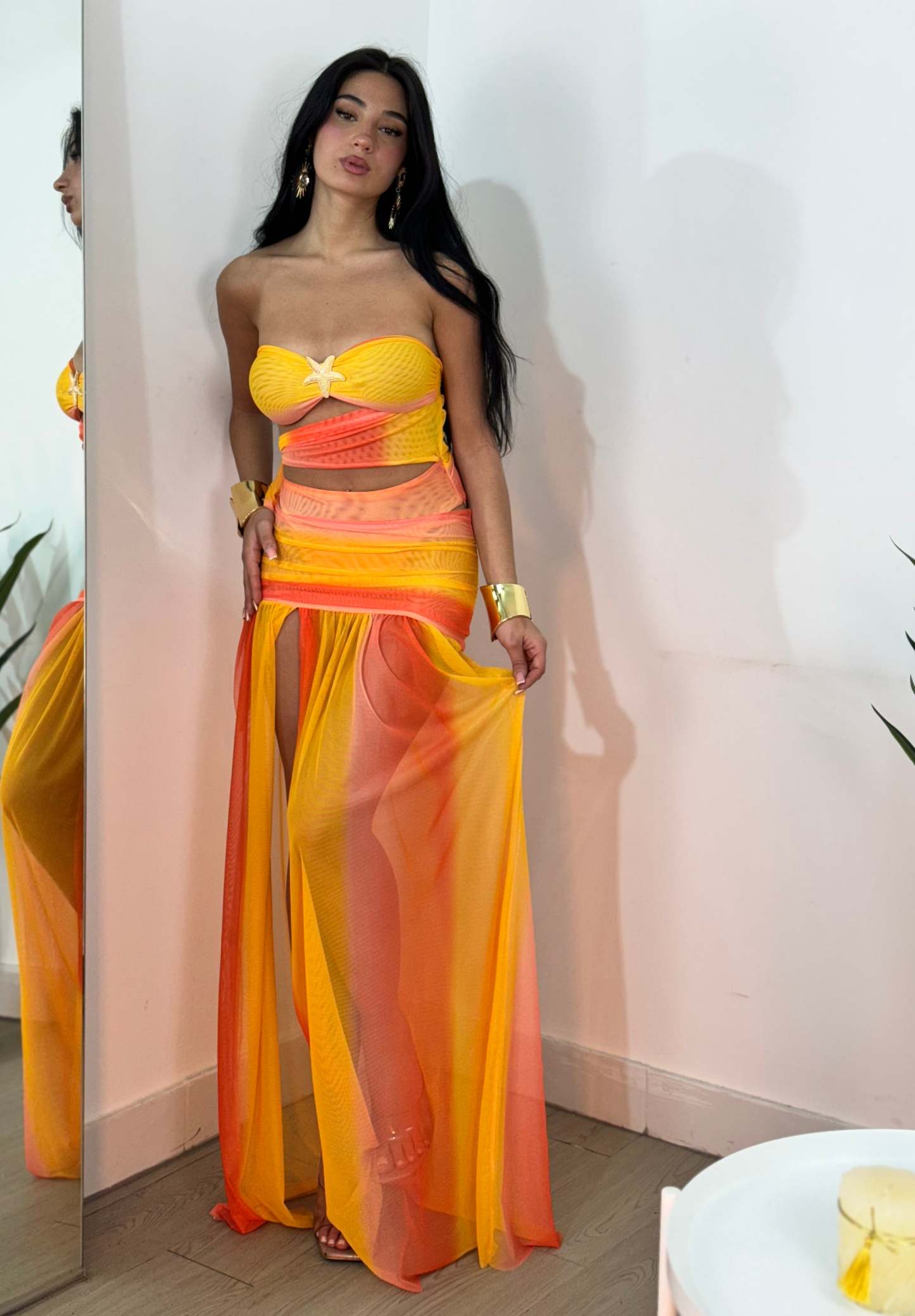 Yellow to coral ombre mesh maxi dress with cutout waist detail