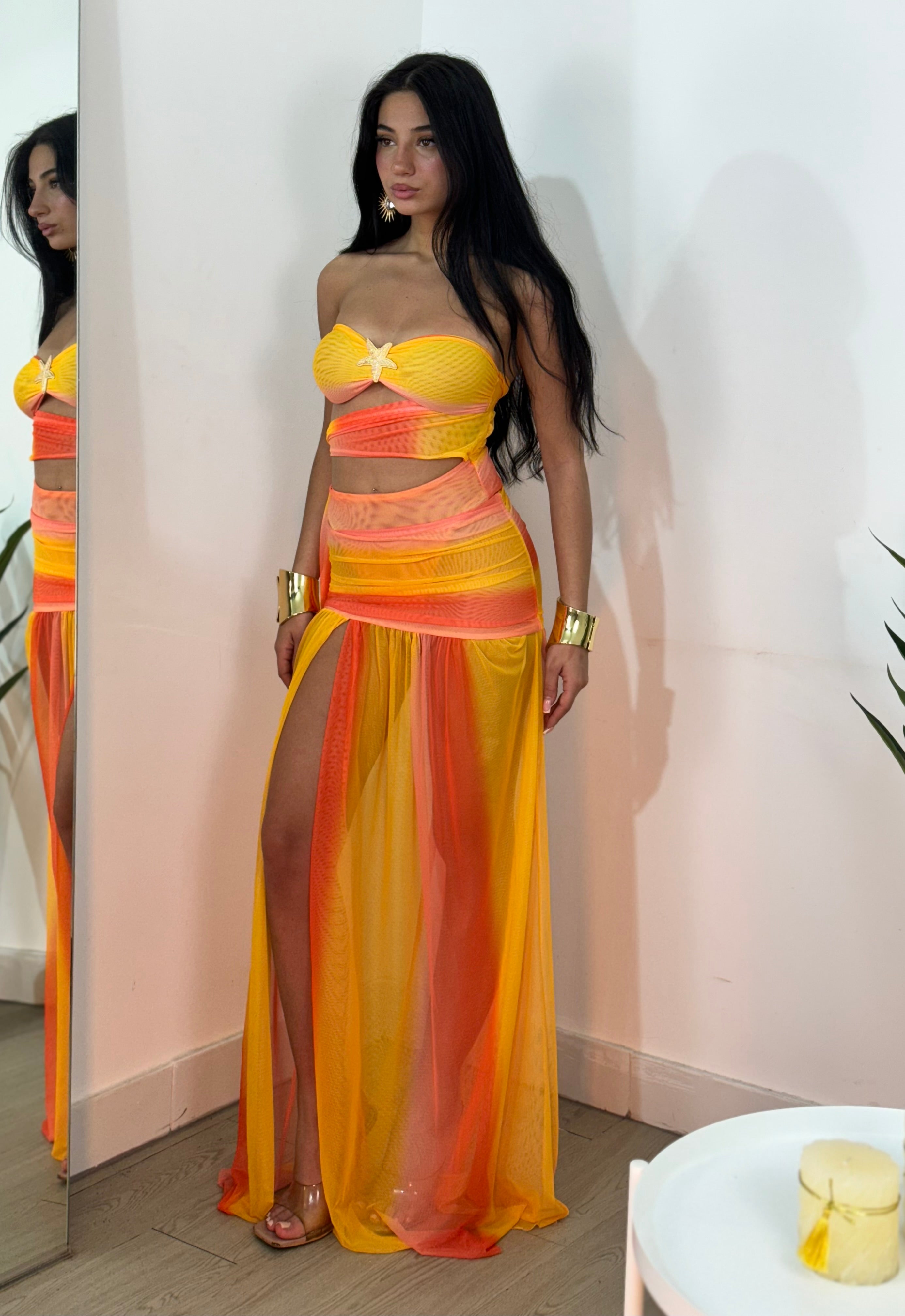 Orange and yellow gradient mesh maxi dress with bandeau and slit