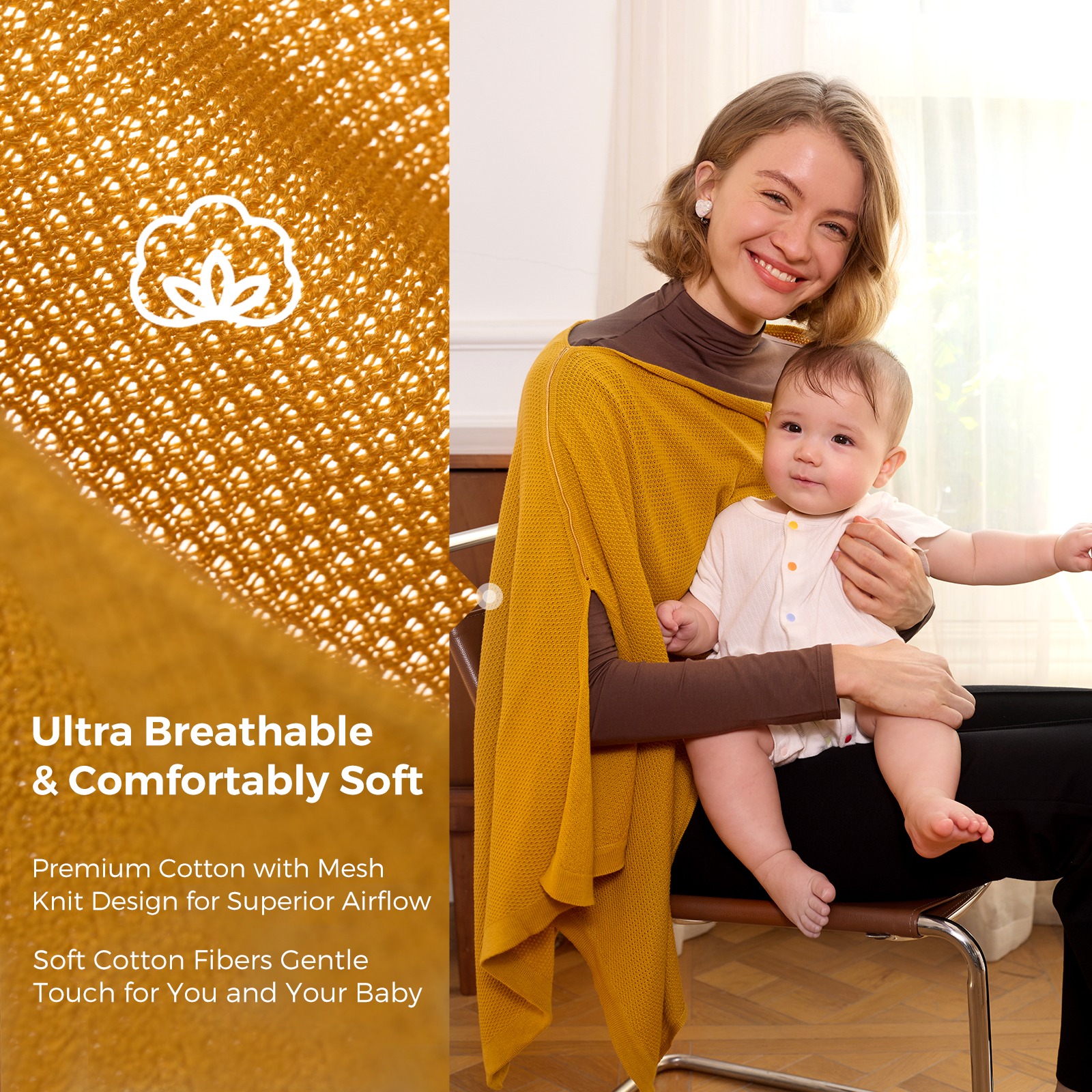 Woman holding toddler wearing mustard nursing poncho with mesh knit design