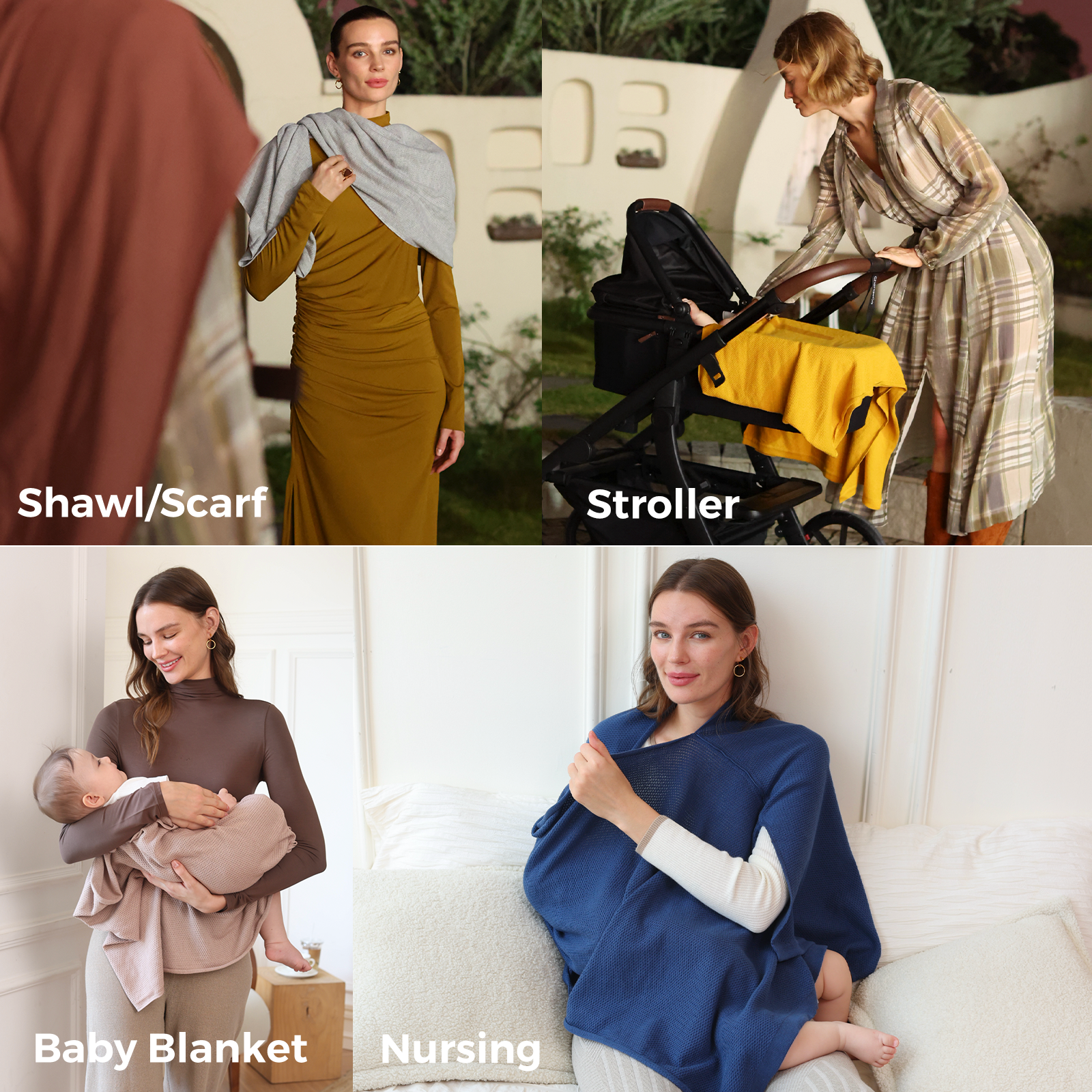 Multiple styling options for nursing poncho as shawl stroller cover