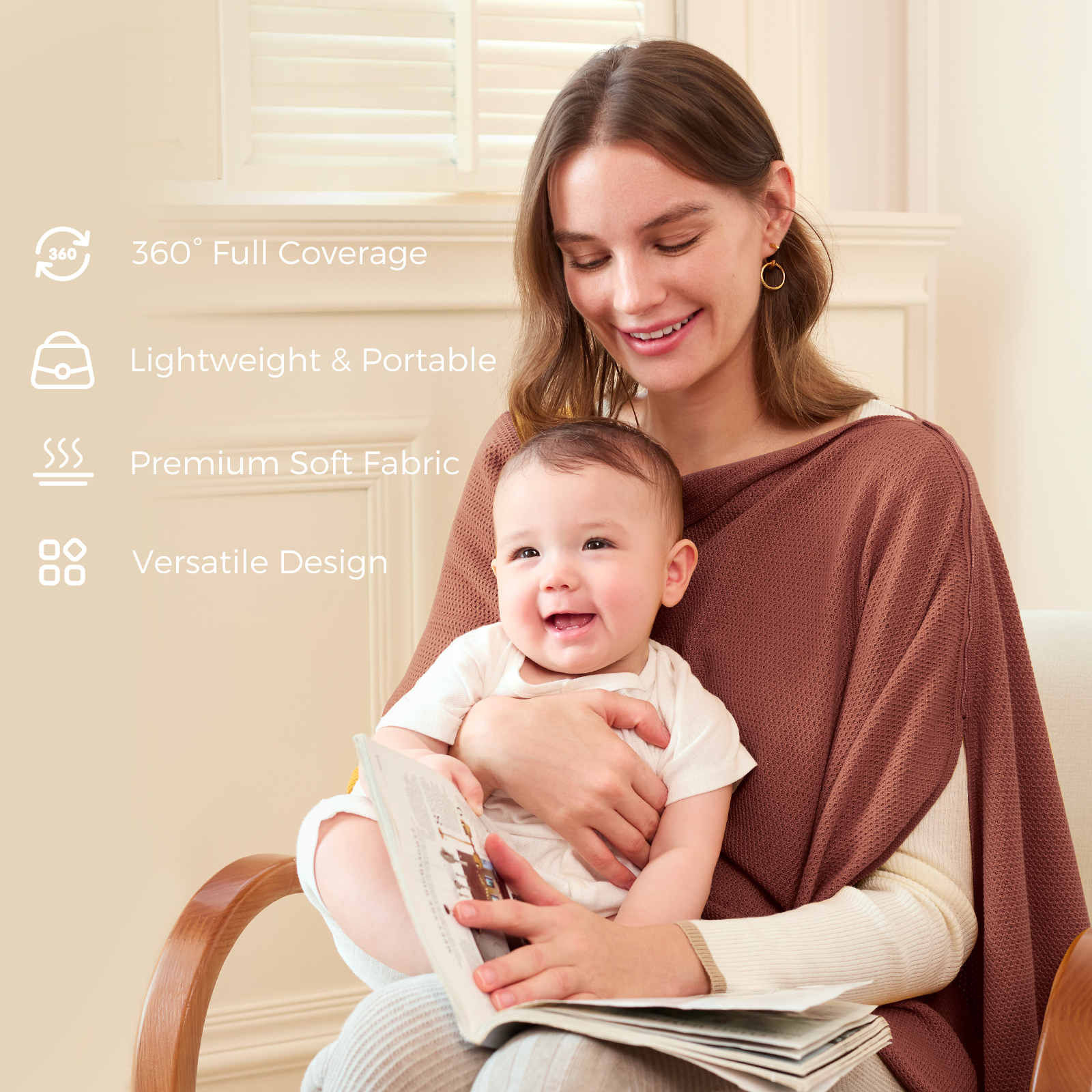 Taupe nursing poncho worn while reading with infant in arms