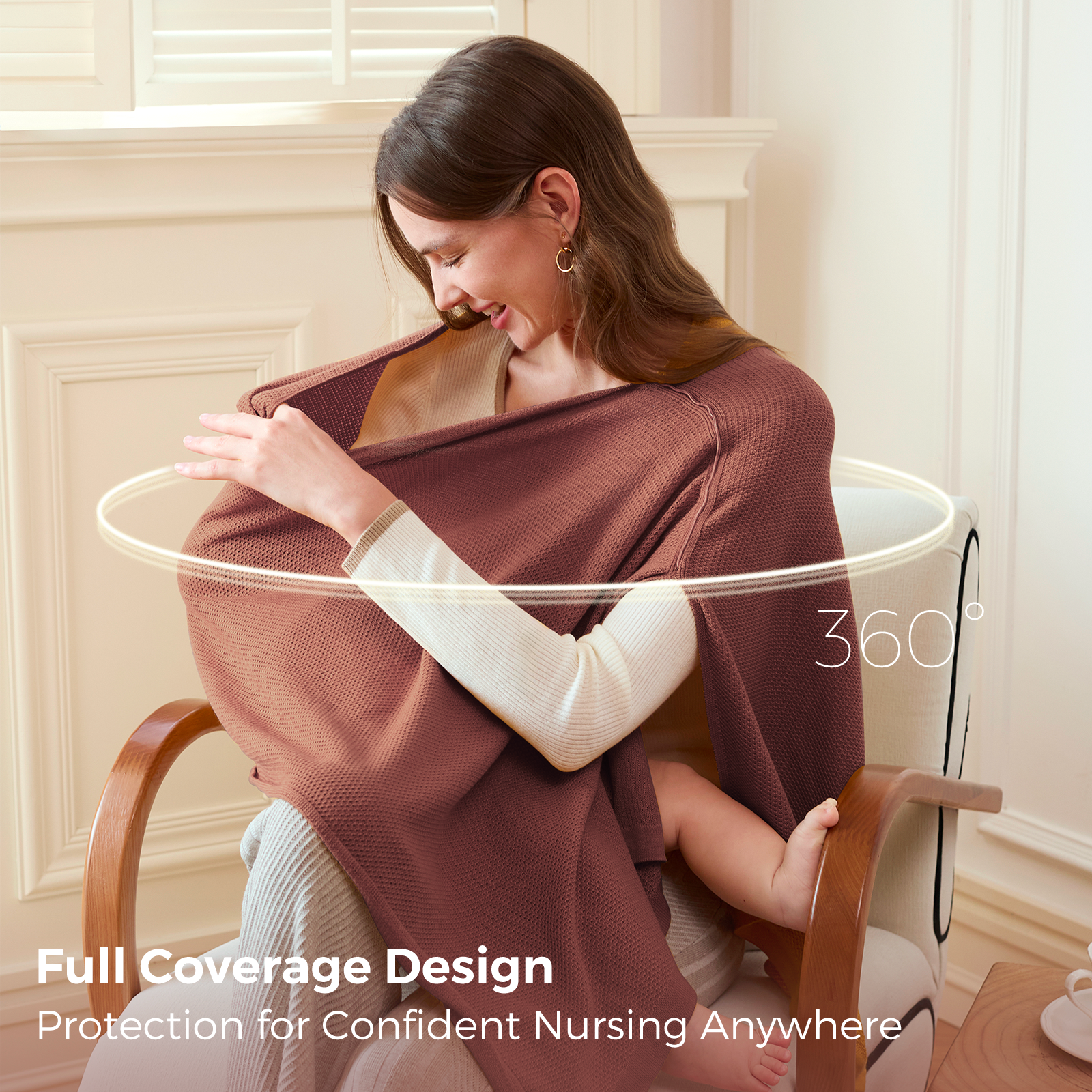 Taupe nursing poncho with 360 degree coverage worn while seated
