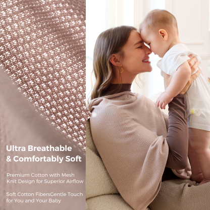 Taupe poncho with mesh knit fabric detail worn while holding baby