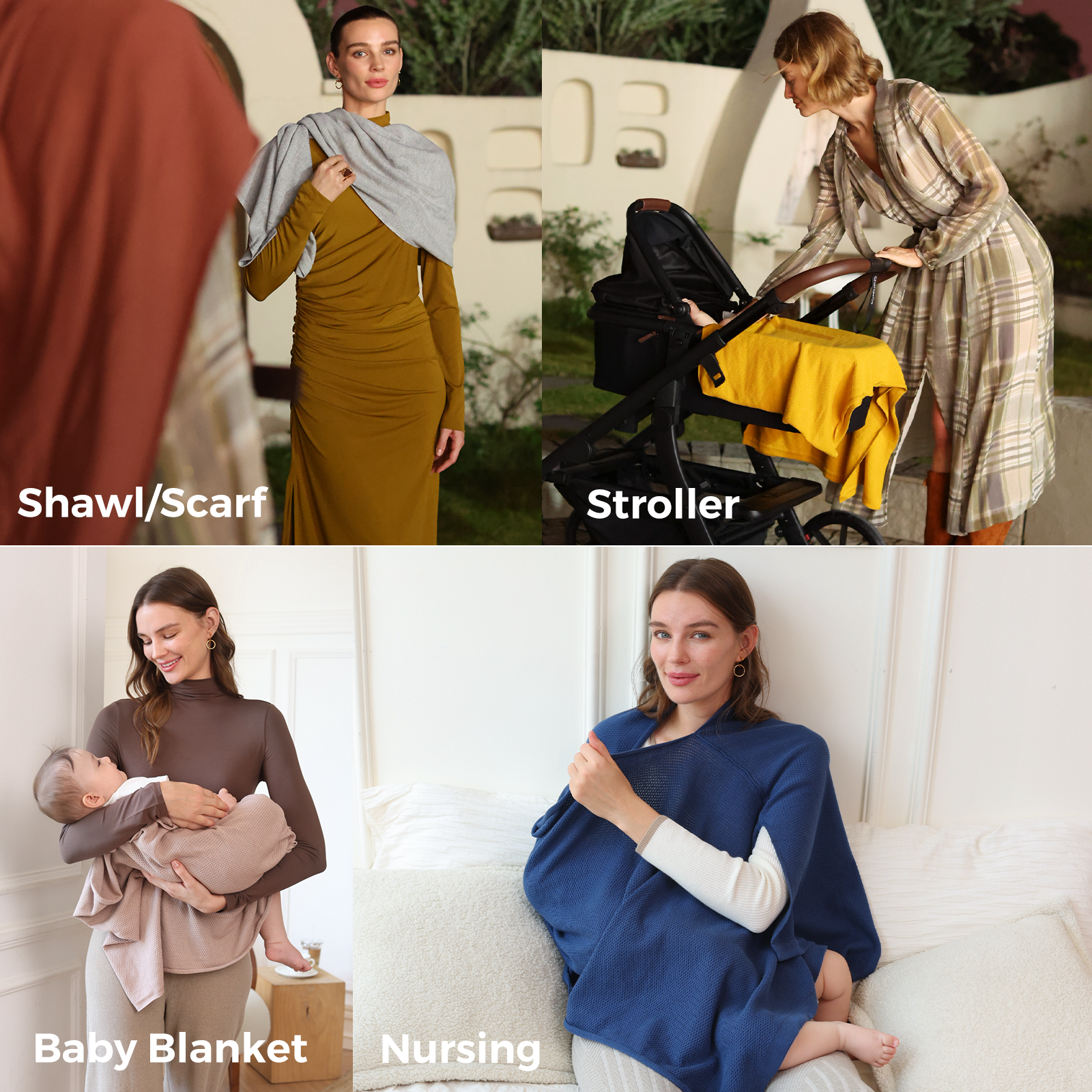 Multiple styling options for taupe nursing poncho as shawl scarf stroller cover