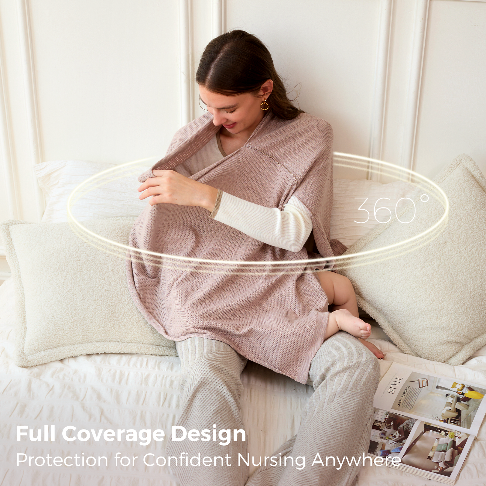Taupe nursing poncho full coverage design worn while sitting on couch