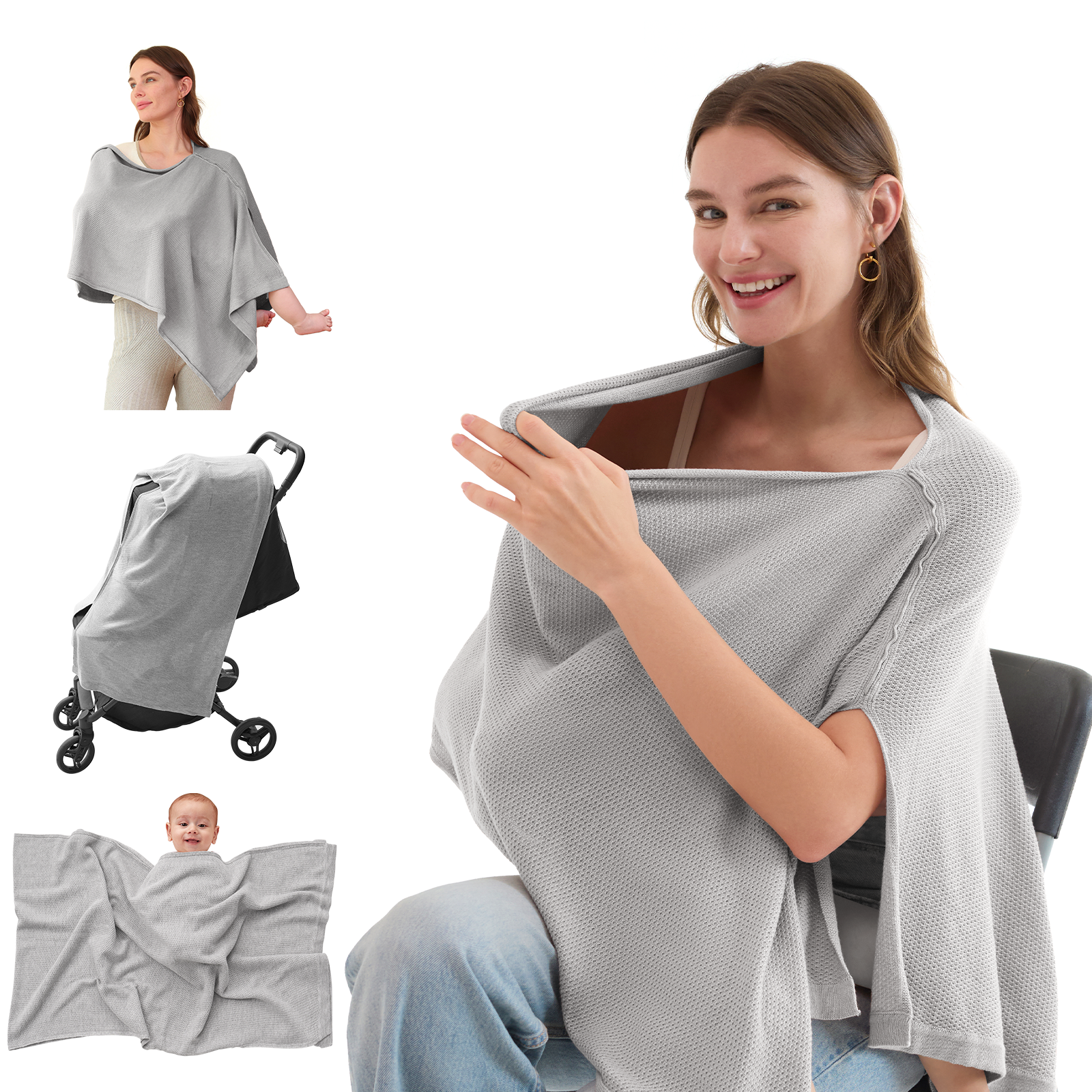 Light gray nursing poncho shown in multiple use cases and configurations