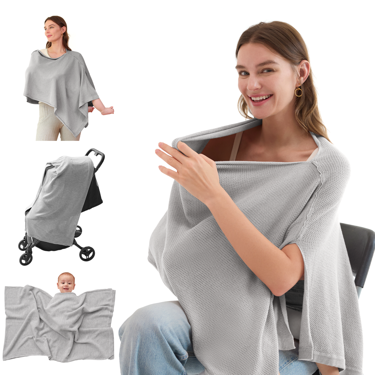 Light gray nursing poncho shown in multiple use cases and configurations