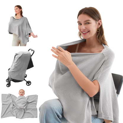 Light gray nursing poncho shown in multiple use cases and configurations