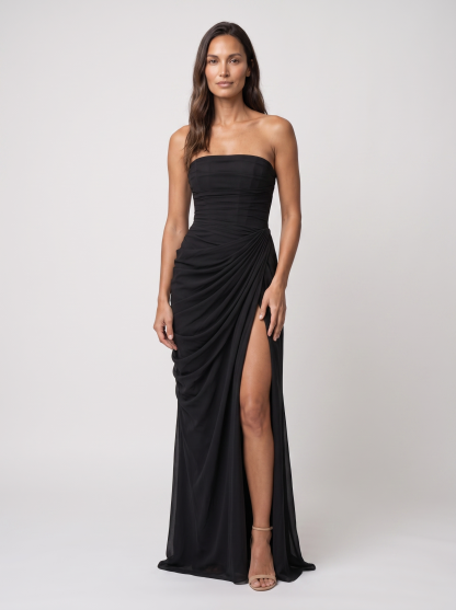 Thora Strapless Slit Maxi Dress - Black