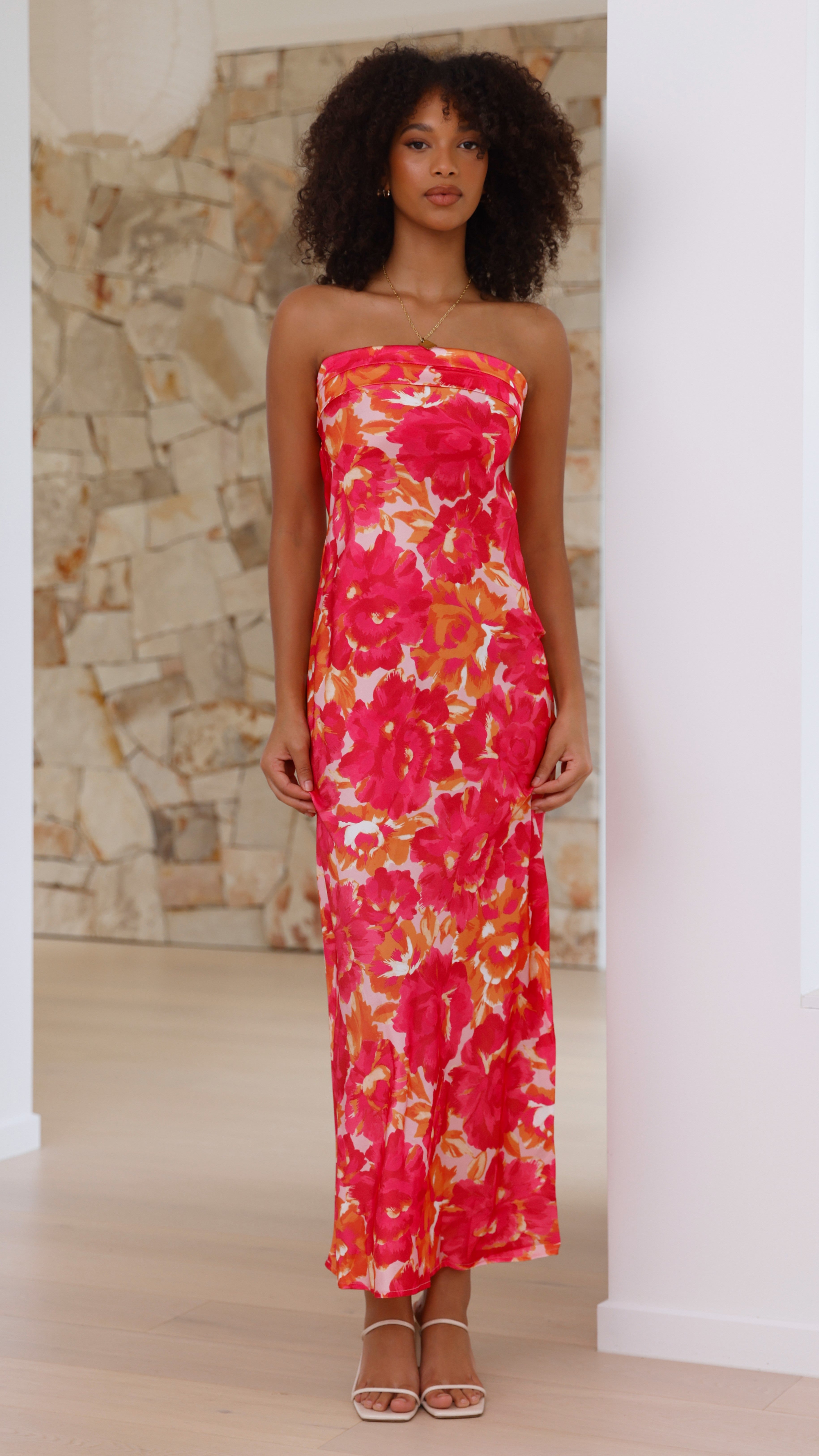 Strapless pink floral midi dress with ruched bodice and long length