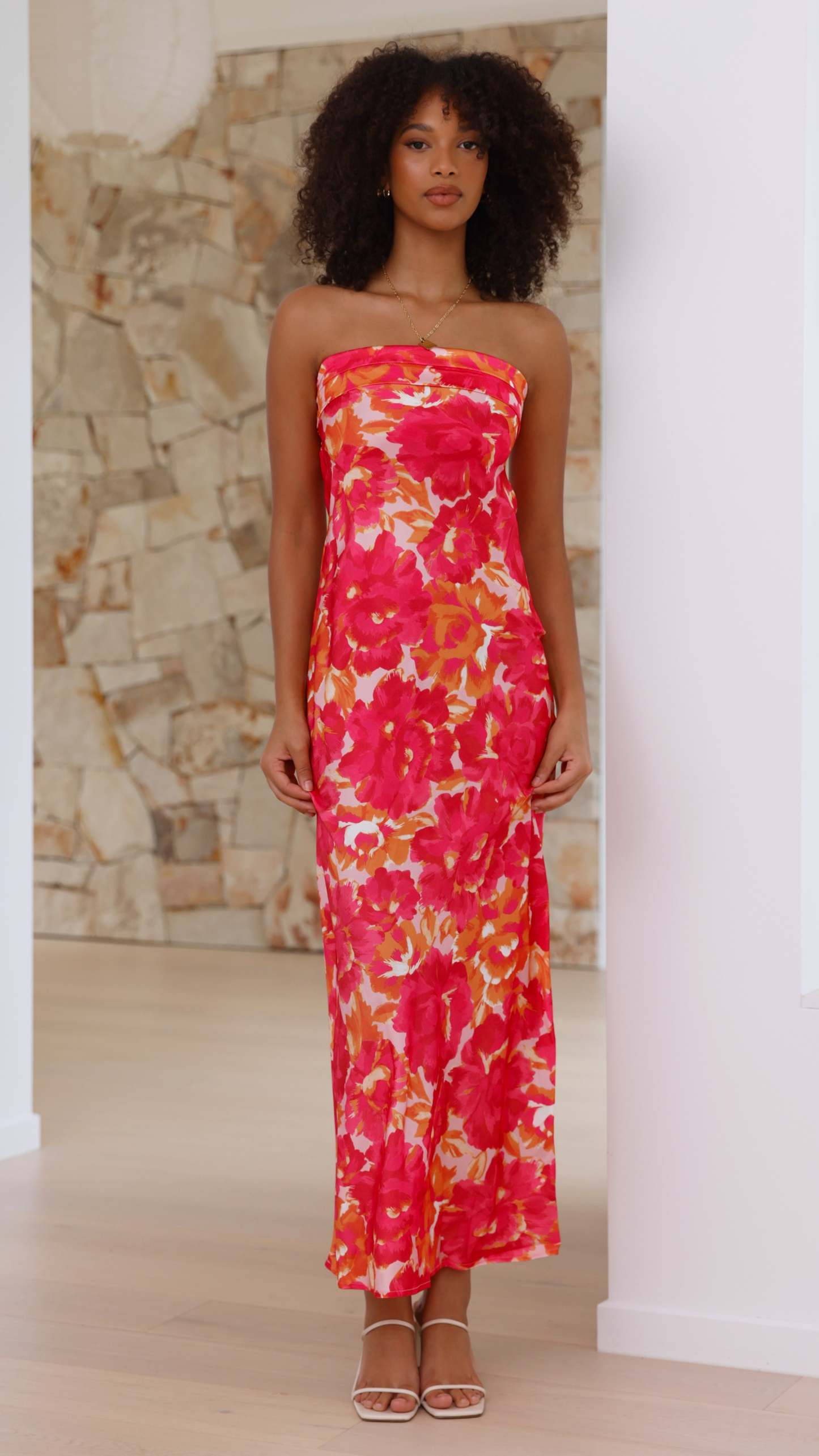 Strapless pink floral midi dress with ruched bodice and long length