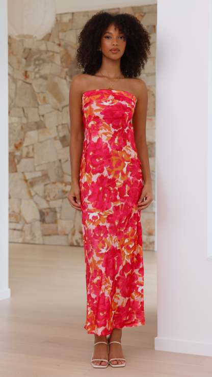 Strapless pink floral midi dress with ruched bodice and long length