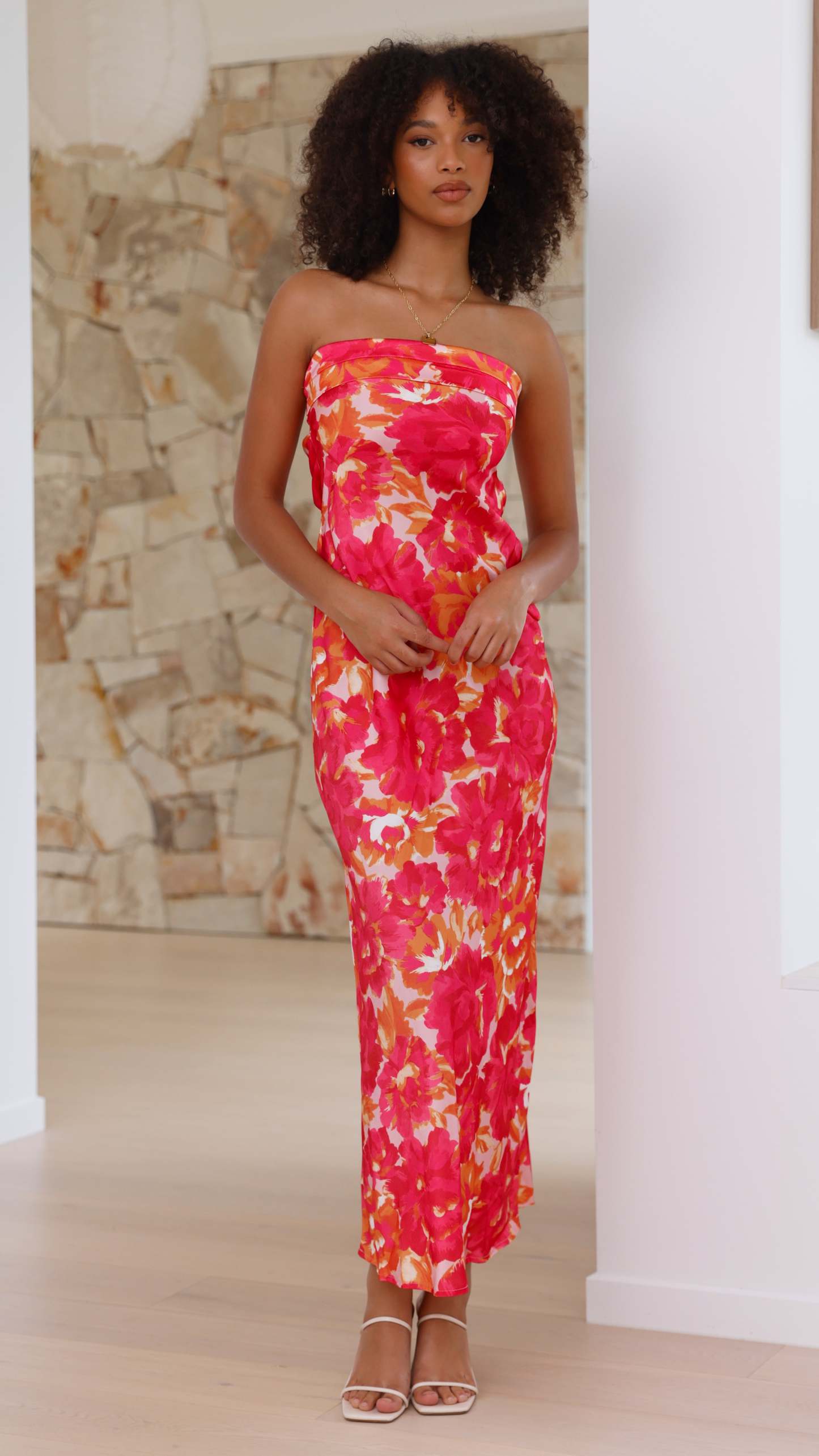 pink floral ruched strapless midi dress with fitted bodice detail