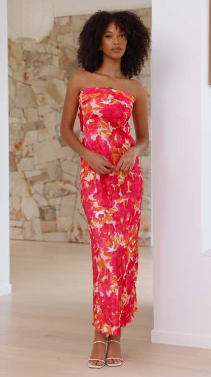 pink floral ruched strapless midi dress with fitted bodice detail