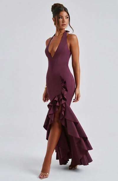 Burgundy halter ruffle maxi dress front view with layered ruffled skirt