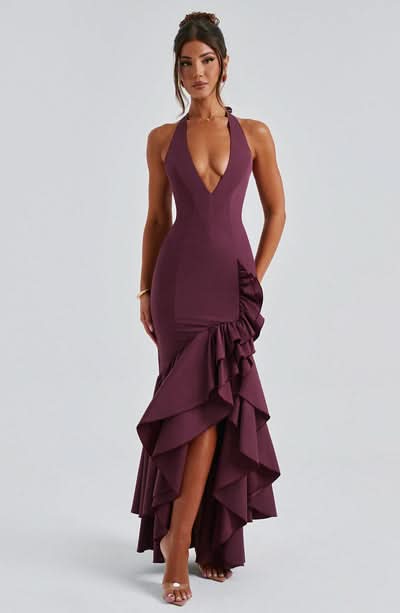 Burgundy halter ruffle maxi dress with layered ruffles and high-low hem