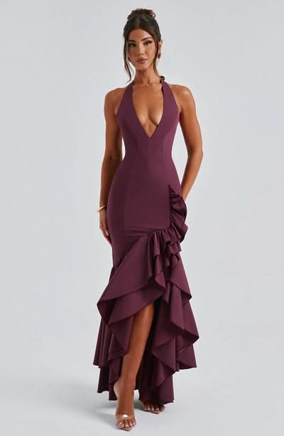Burgundy halter ruffle maxi dress with layered ruffles and high-low hem