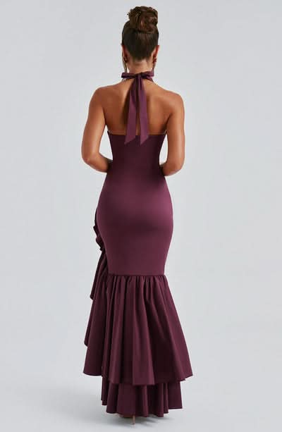 Burgundy halter ruffle maxi dress back view with tiered ruffles