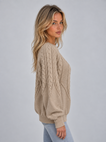 Valentia Cable Knit Crew Neck Sweater - Khaki