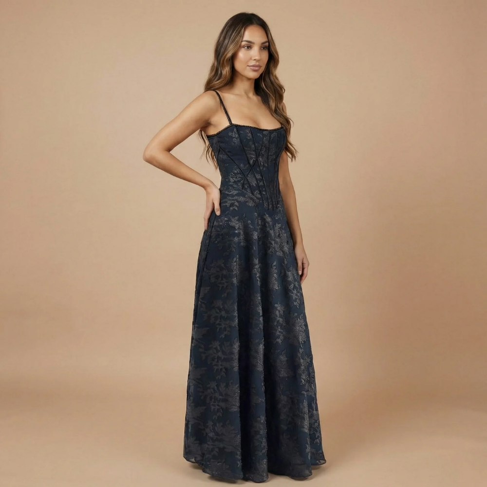 Navy jacquard corset maxi dress with thin straps and A-line silhouette