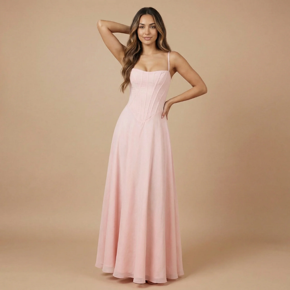 Blush pink corset maxi dress with sweetheart neckline and flowing chiffon skirt