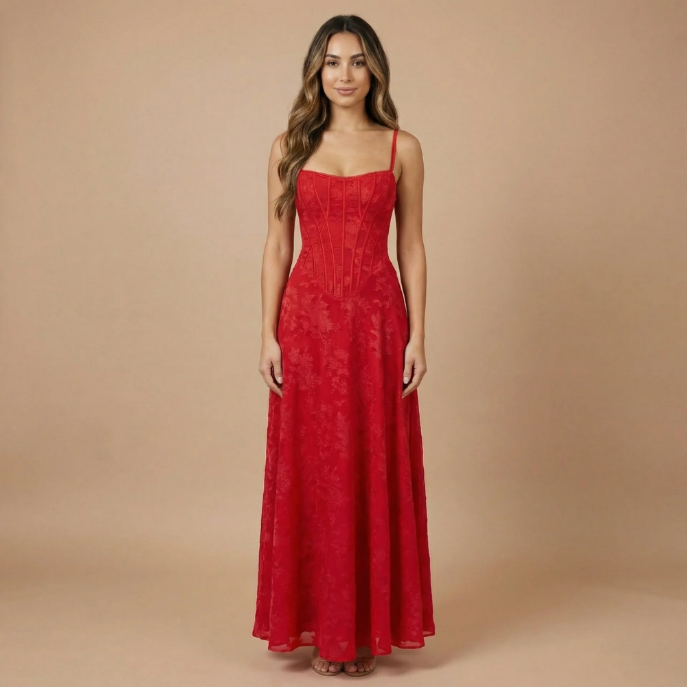 Red velvet corset maxi dress with structured boning and floor-length skirt