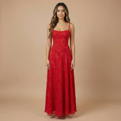 Red velvet corset maxi dress with structured boning and floor-length skirt