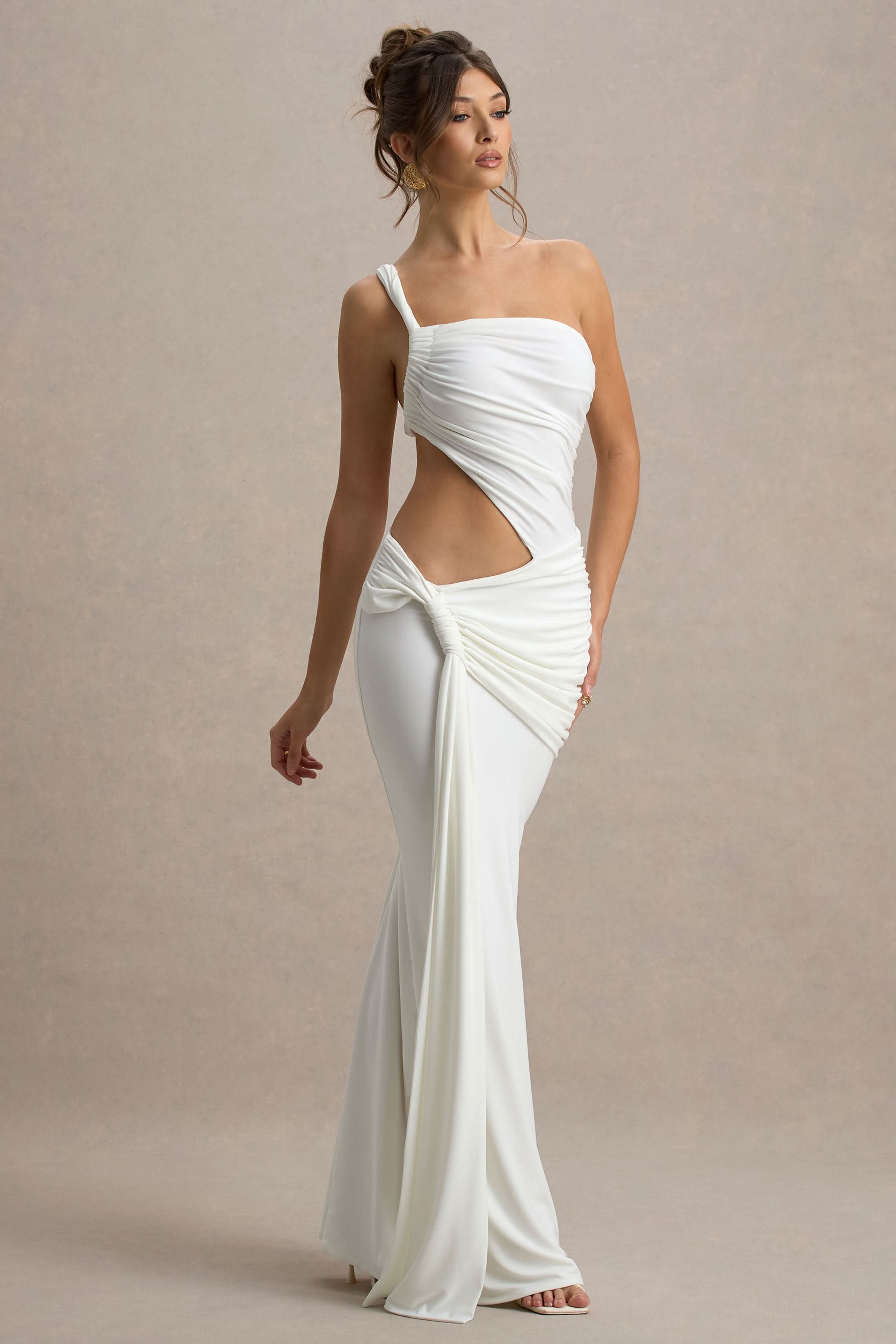 White one-shoulder cutout maxi dress with side ruching and slit