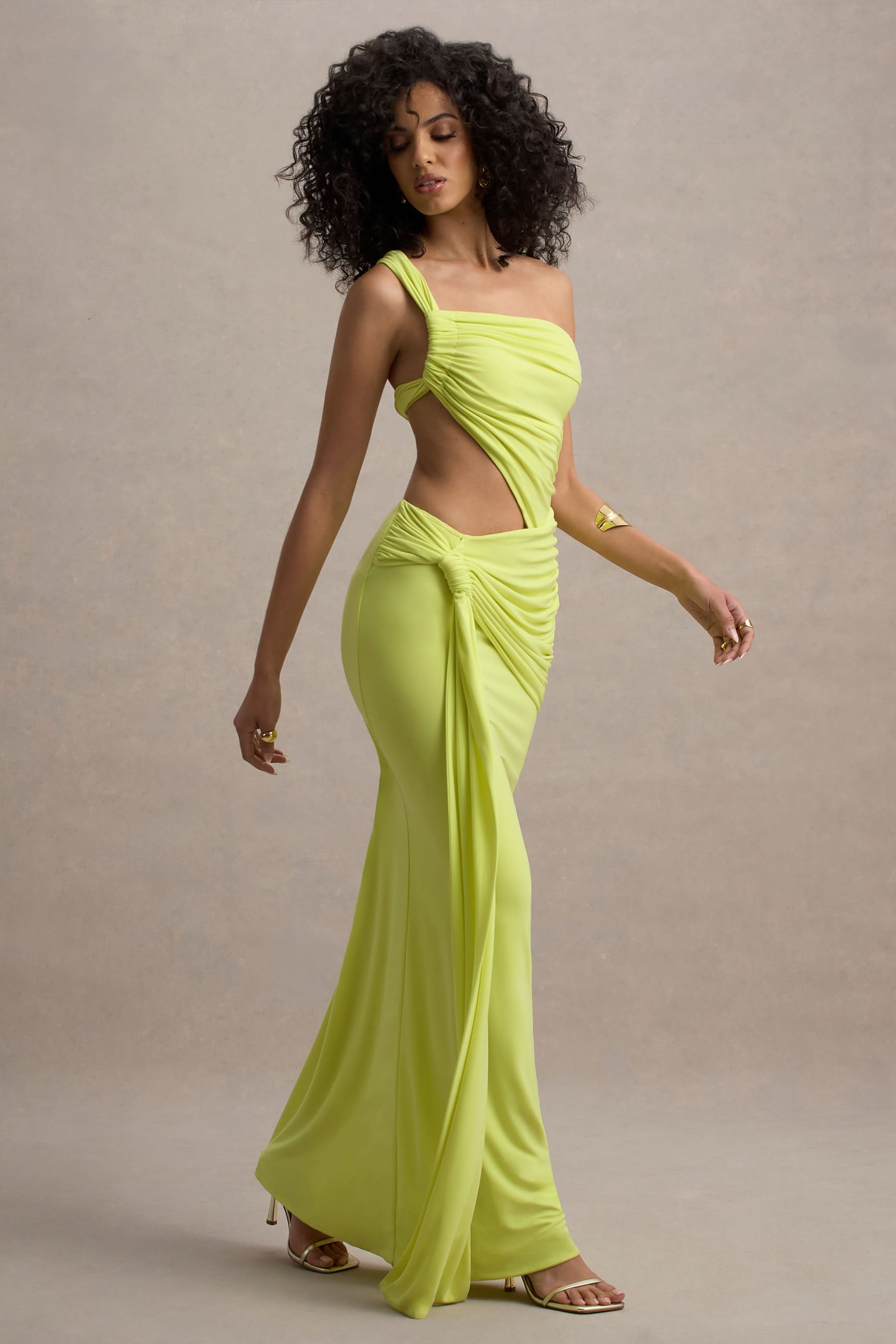 Lime green one-shoulder cutout maxi dress front view with ruched details