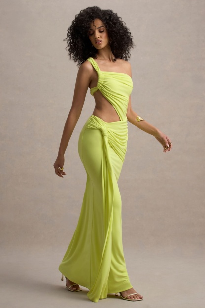 Lime green one-shoulder cutout maxi dress front view with ruched details