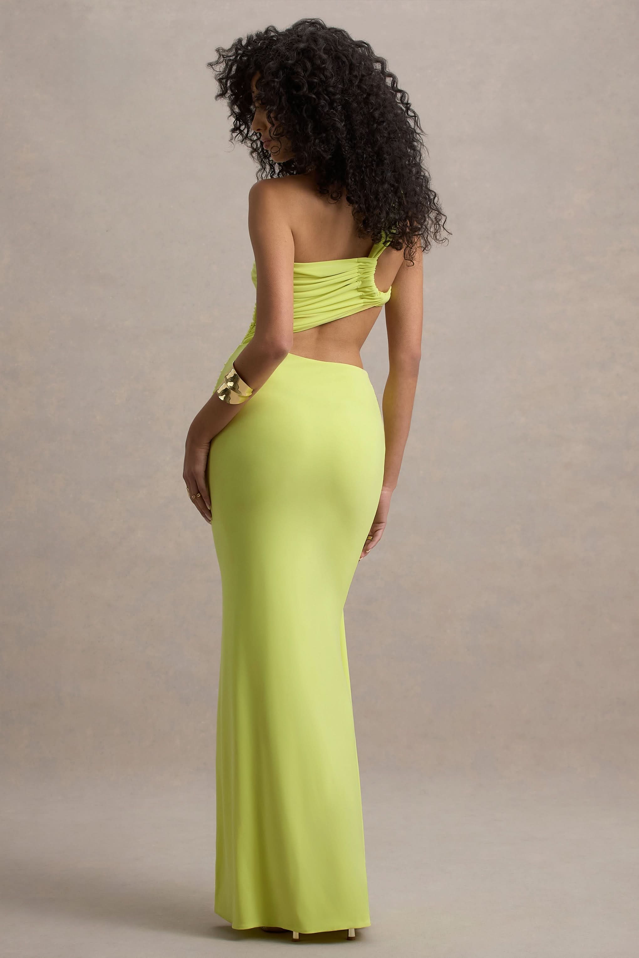 Neon yellow cutout maxi dress back view showing open back design