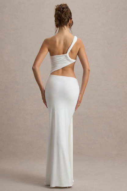 White cutout maxi dress back view with asymmetrical strap design