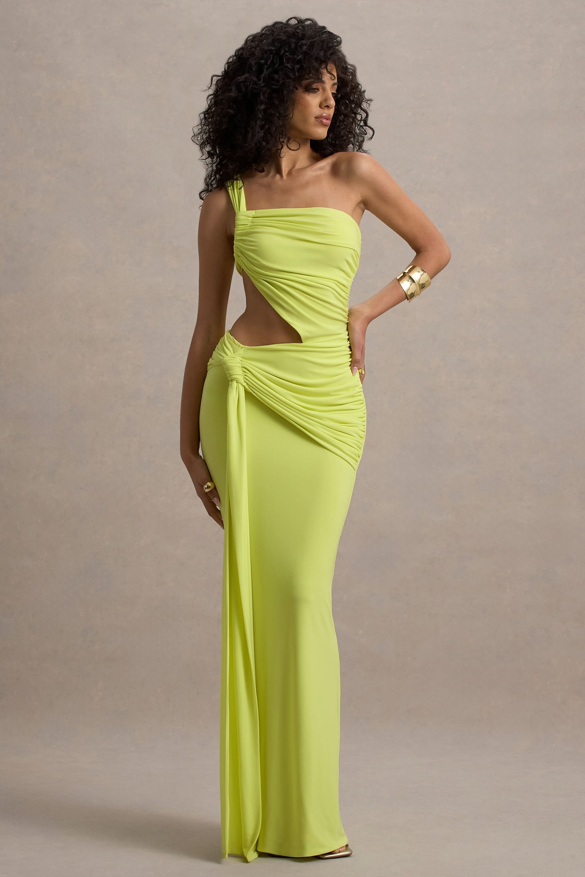Neon yellow one-shoulder cutout maxi dress with ruched waist detail