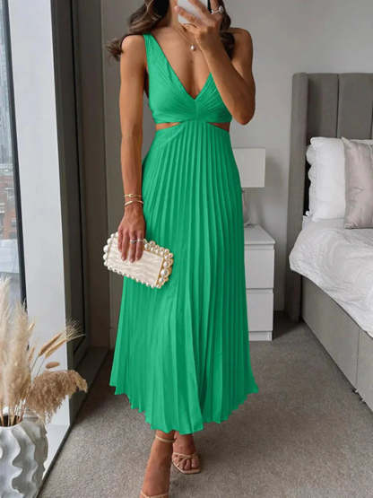 Emerald green pleated cutout midi dress with V-neck and waist cutout