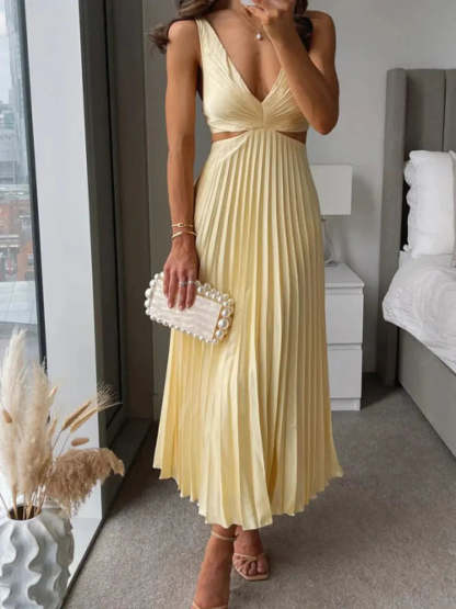 Cream pleated cutout midi dress with V-neck and waist cutout detail