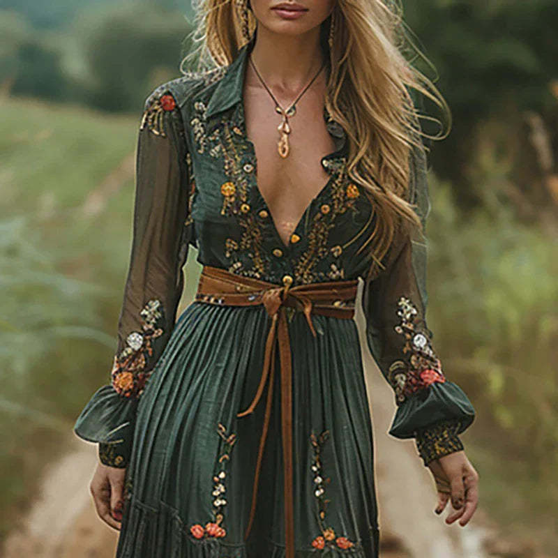 Green floral embroidered maxi dress with leather belt and ruffled cuffs detail