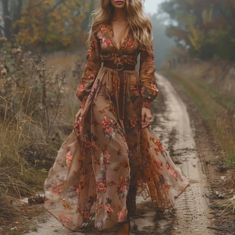 Terracotta floral embroidered maxi dress with long sleeves and waist belt