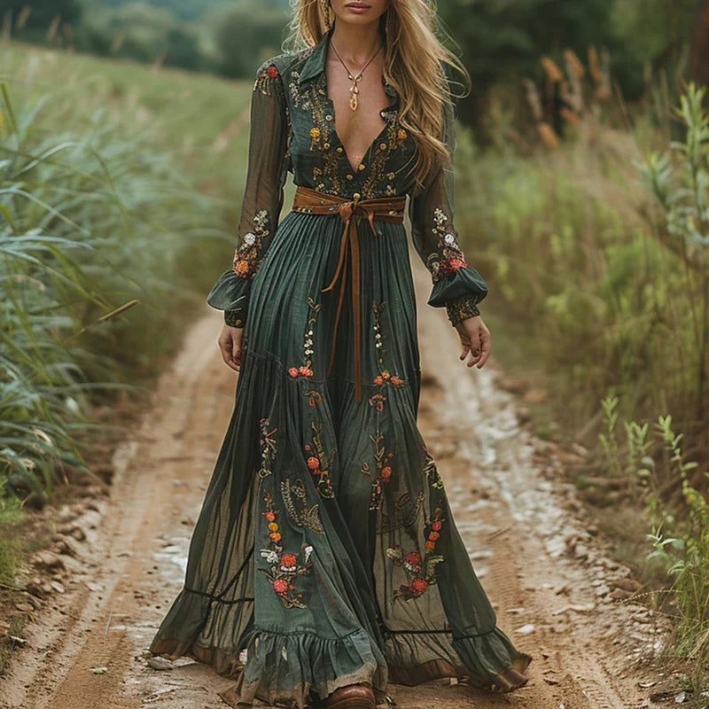 Forest green embroidered maxi dress with V-neck and long sheer sleeves for women