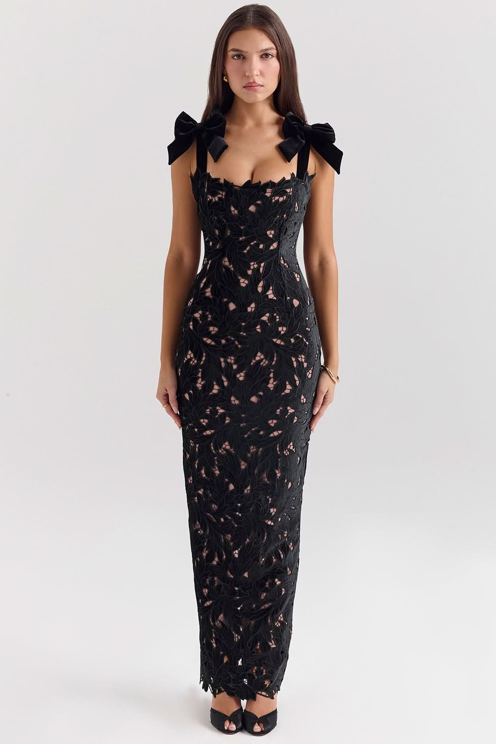 Black lace maxi dress with sweetheart neckline and bow shoulder straps
