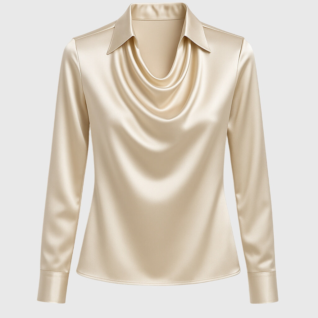 Champagne satin cowl neck top with draped front and long sleeves
