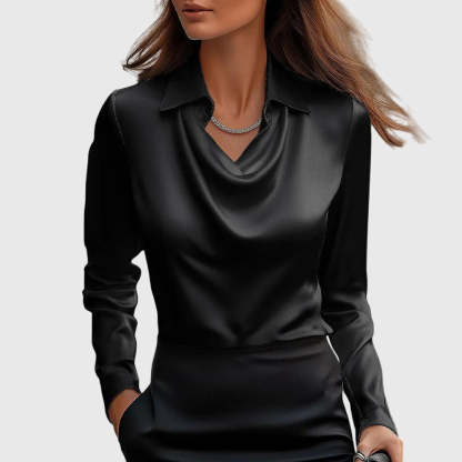 Black satin cowl neck blouse with structured collar and fitted cuffs