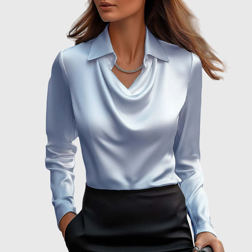 Light blue satin cowl top with notch collar and long sleeves