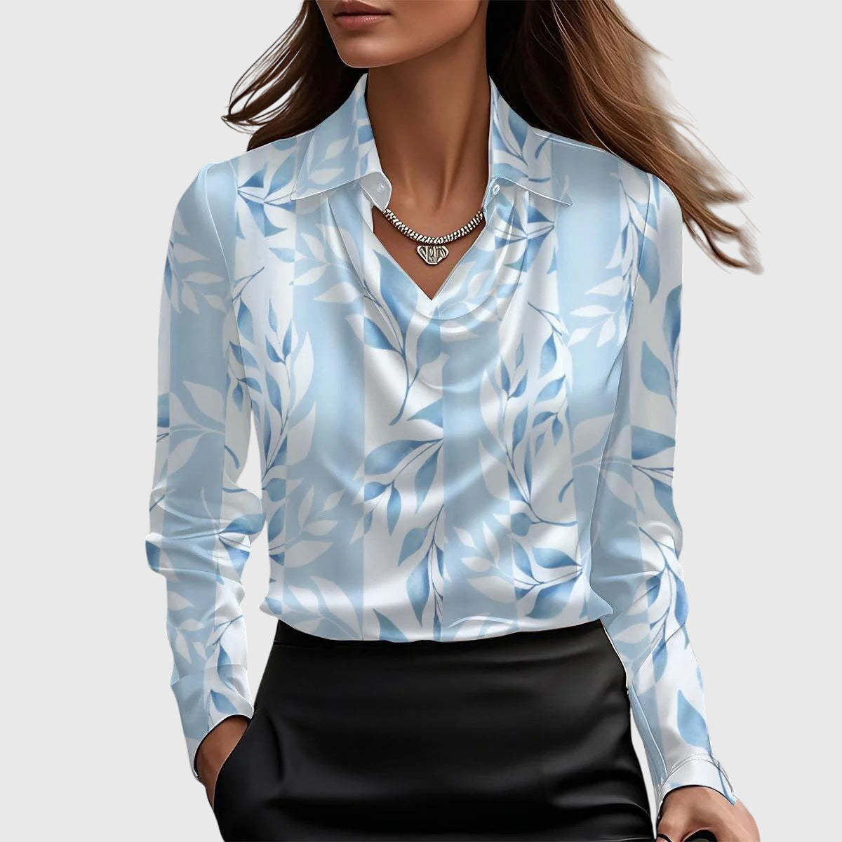 Blue and white leaf print satin cowl neck top with collar