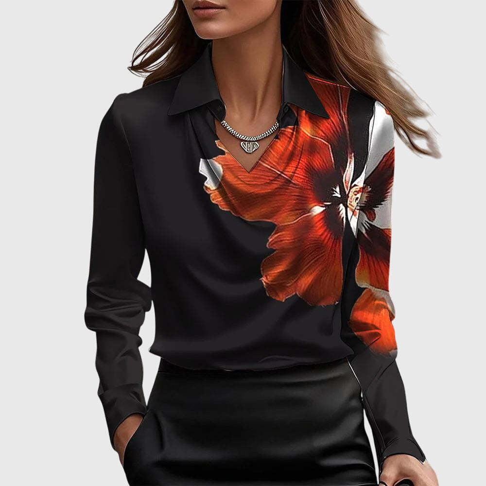 Black satin cowl top with red floral print and draped neckline