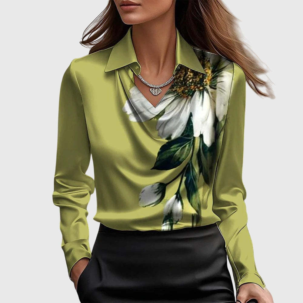 Lime green satin cowl neck blouse with white floral design