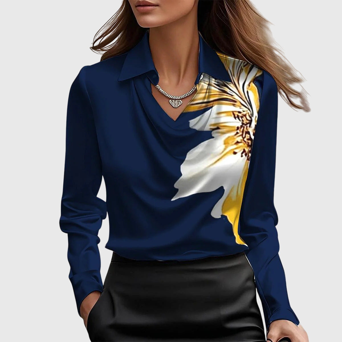 Navy blue satin cowl top with gold and white flower print