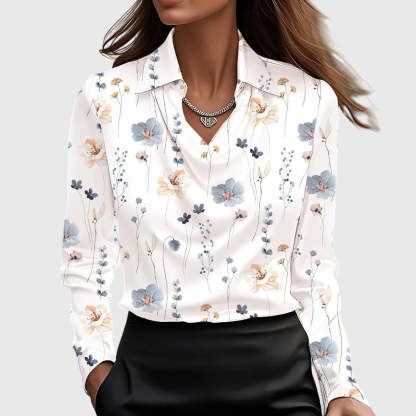 Cream satin blouse with multicolor floral pattern and cowl neckline