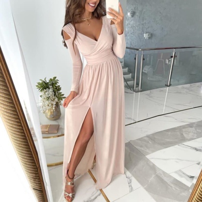 Blush wrap V-neck maxi dress with long sleeves and shoulder cutouts for women